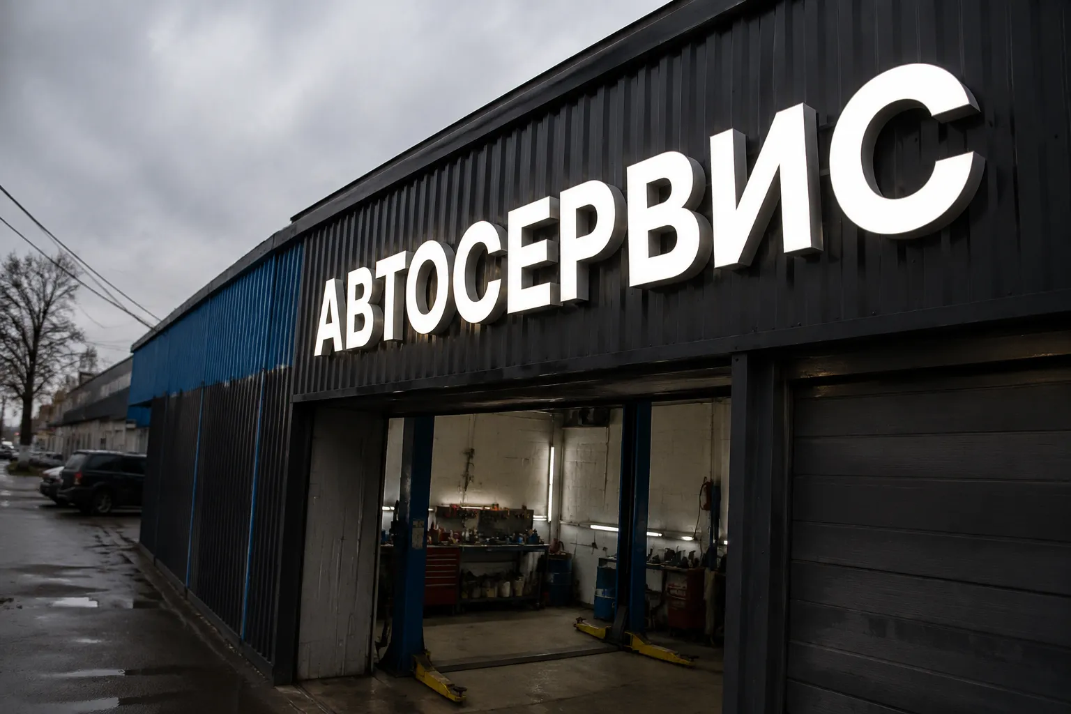 Фасадная конструкция для автосервиса